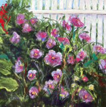 Pink Flowers Out The Front pastel painting by Jeanne Cotter. 290 x 290mm framed $220