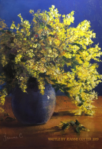 Wattle in Blue Vase pastel painting by Jeanne Cotter.